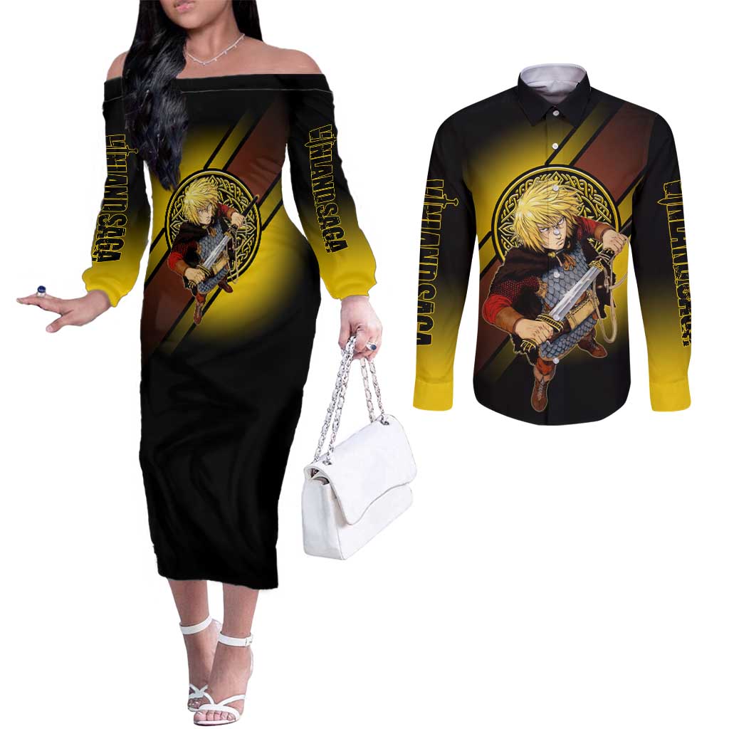 Thorfinn Norse Avenger Couples Matching Off The Shoulder Long Sleeve Dress and Long Sleeve Button Shirt Viking Manga Illustration Style