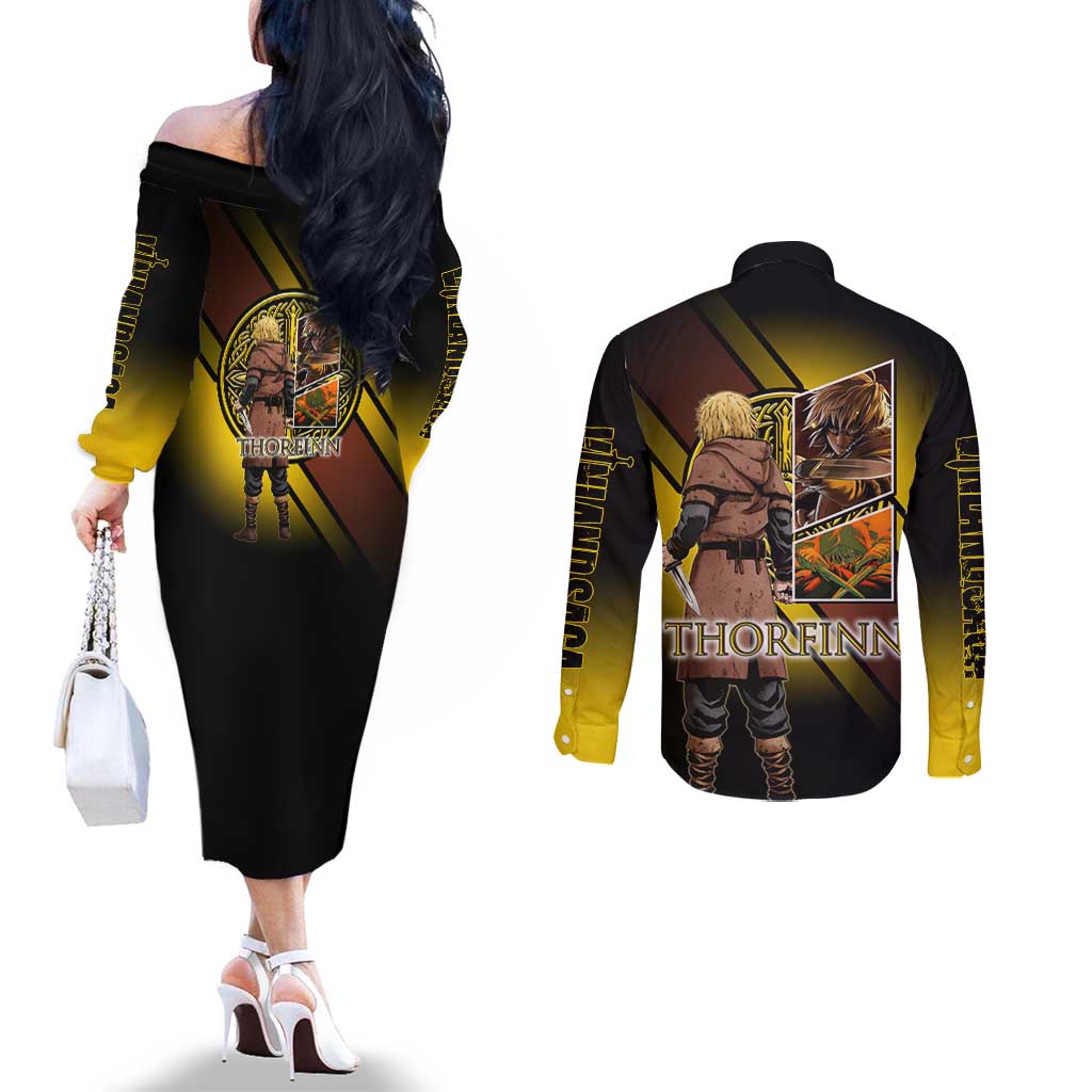 Thorfinn Norse Avenger Couples Matching Off The Shoulder Long Sleeve Dress and Long Sleeve Button Shirt Viking Manga Illustration Style