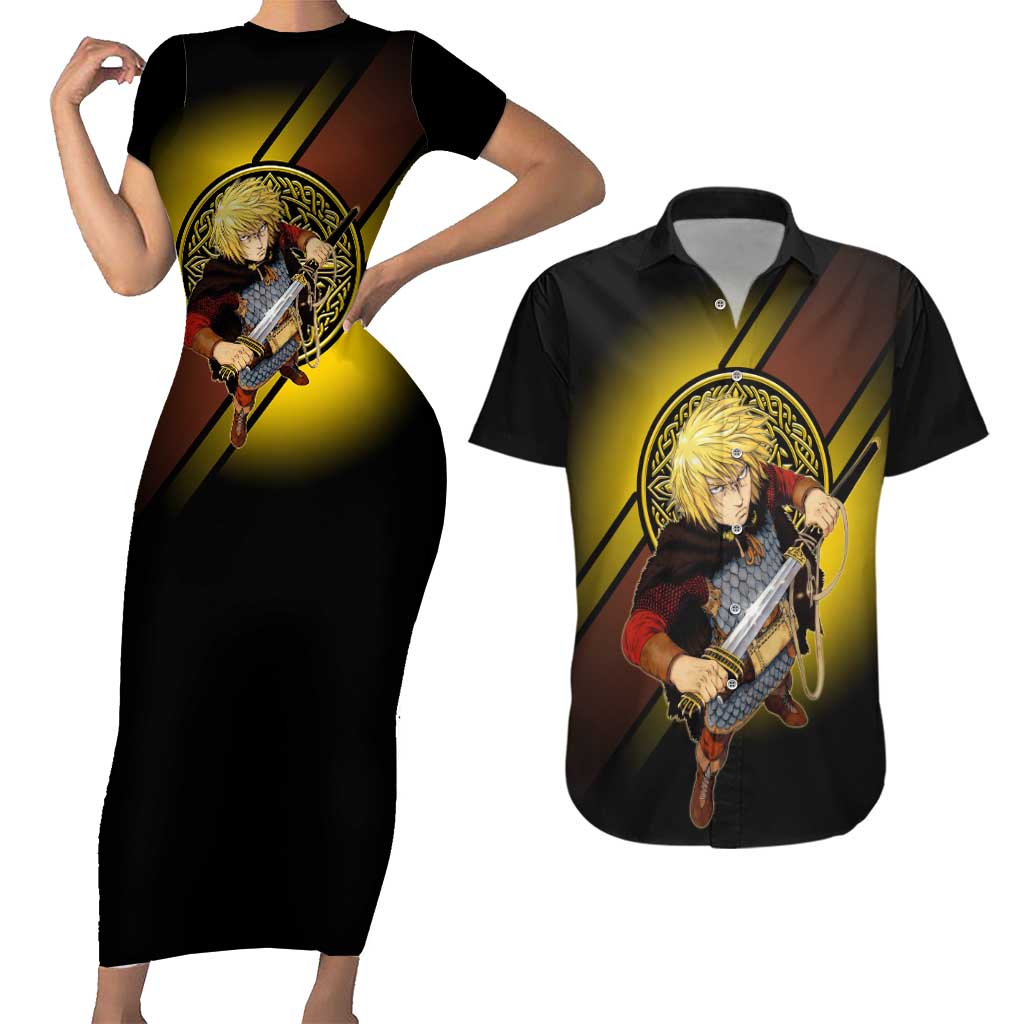 Thorfinn Norse Avenger Couples Matching Short Sleeve Bodycon Dress and Hawaiian Shirt Viking Manga Illustration Style