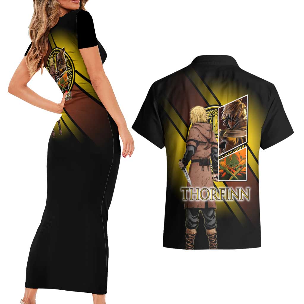 Thorfinn Norse Avenger Couples Matching Short Sleeve Bodycon Dress and Hawaiian Shirt Viking Manga Illustration Style