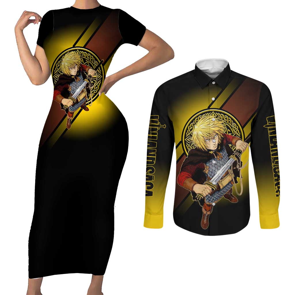 Thorfinn Norse Avenger Couples Matching Short Sleeve Bodycon Dress and Long Sleeve Button Shirt Viking Manga Illustration Style