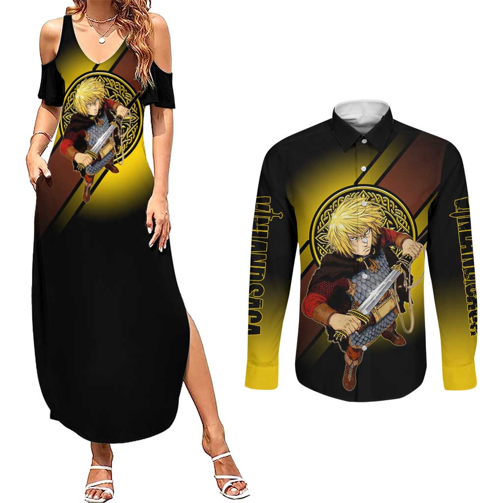 Thorfinn Norse Avenger Couples Matching Summer Maxi Dress and Long Sleeve Button Shirt Viking Manga Illustration Style