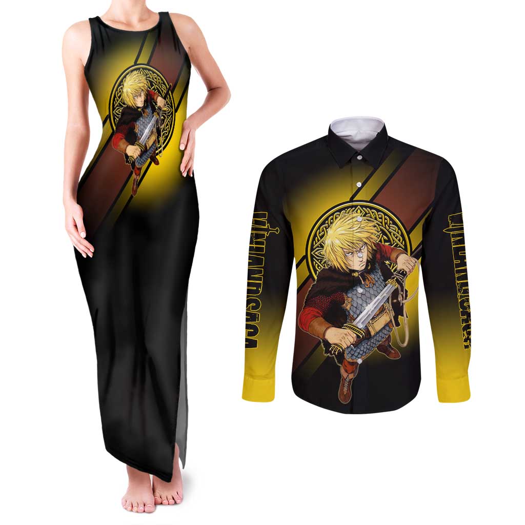 Thorfinn Norse Avenger Couples Matching Tank Maxi Dress and Long Sleeve Button Shirt Viking Manga Illustration Style