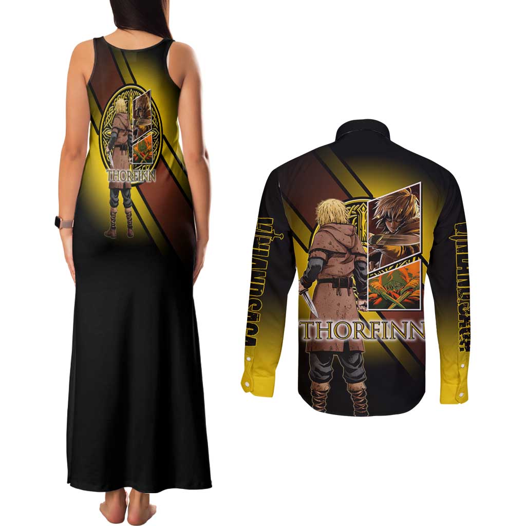 Thorfinn Norse Avenger Couples Matching Tank Maxi Dress and Long Sleeve Button Shirt Viking Manga Illustration Style