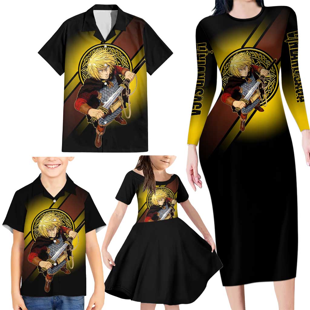 Thorfinn Norse Avenger Family Matching Long Sleeve Bodycon Dress and Hawaiian Shirt Viking Manga Illustration Style