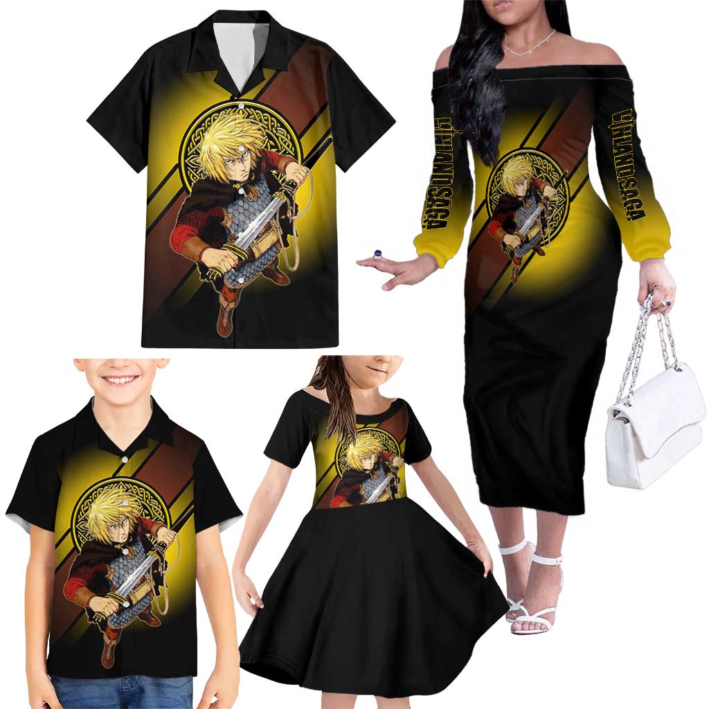 Thorfinn Norse Avenger Family Matching Off The Shoulder Long Sleeve Dress and Hawaiian Shirt Viking Manga Illustration Style