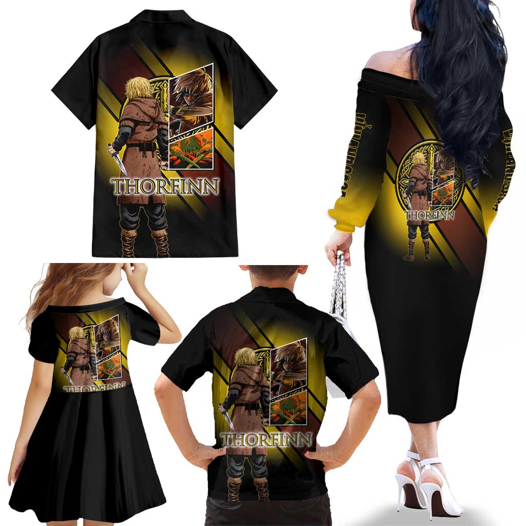 Thorfinn Norse Avenger Family Matching Off The Shoulder Long Sleeve Dress and Hawaiian Shirt Viking Manga Illustration Style