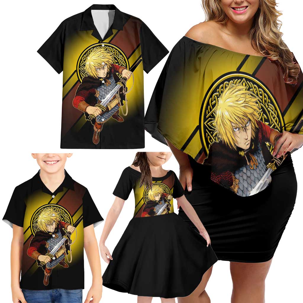 Thorfinn Norse Avenger Family Matching Off Shoulder Short Dress and Hawaiian Shirt Viking Manga Illustration Style