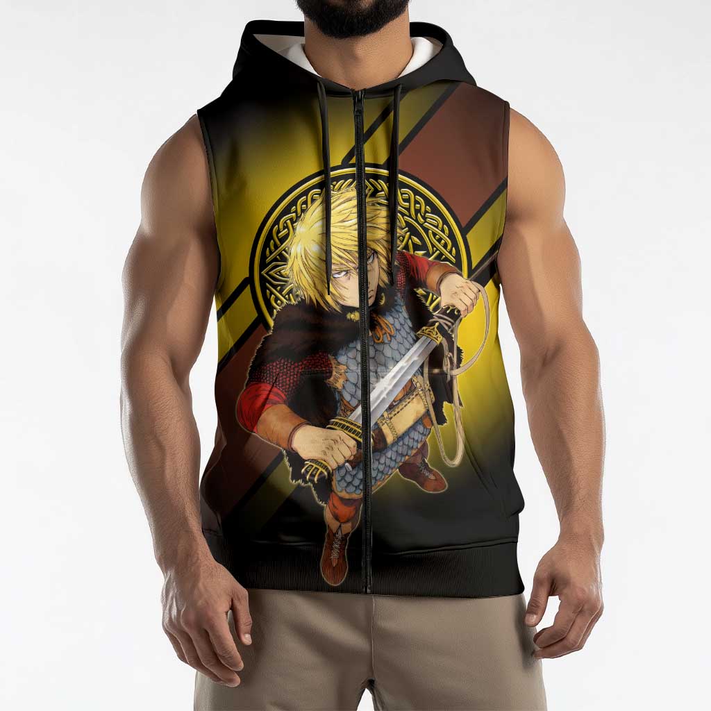 Thorfinn Norse Avenger Sleeveless Zip Hoodie Viking Manga Illustration Style