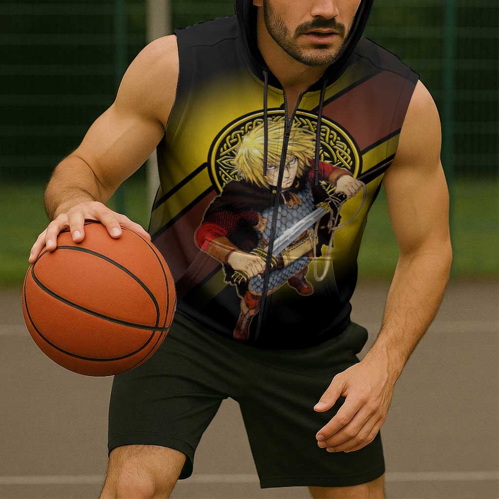 Thorfinn Norse Avenger Sleeveless Zip Hoodie Viking Manga Illustration Style