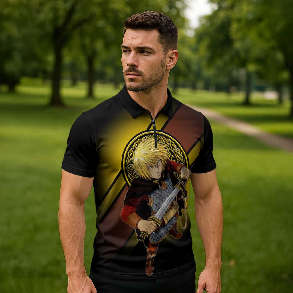 Thorfinn Norse Avenger Zipper Polo Shirt Viking Manga Illustration Style