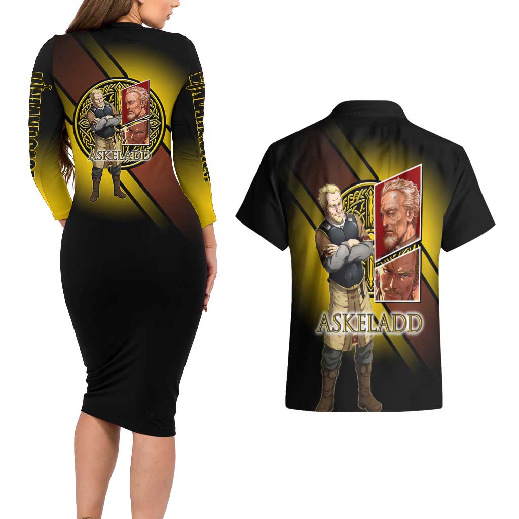 Askeladd Viking Commander Couples Matching Long Sleeve Bodycon Dress and Hawaiian Shirt Viking Manga Illustration Style