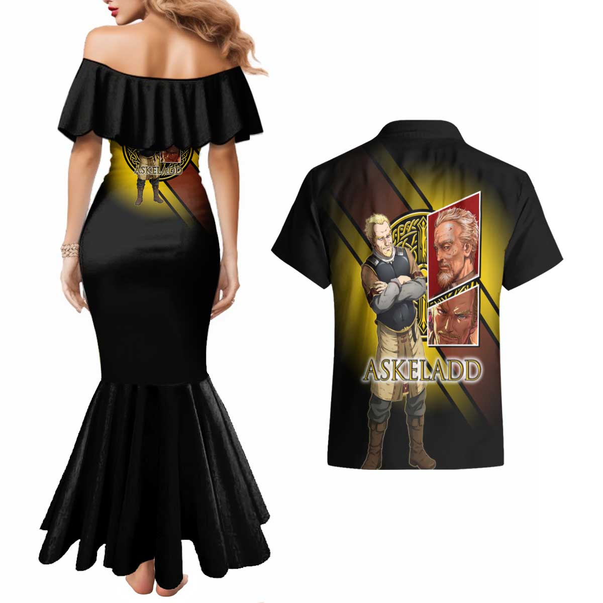 Askeladd Viking Commander Couples Matching Mermaid Dress and Hawaiian Shirt Viking Manga Illustration Style