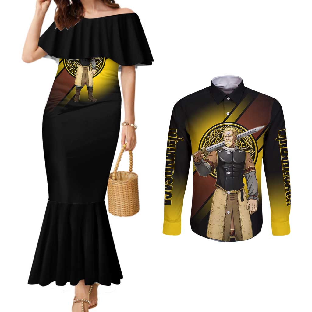 Askeladd Viking Commander Couples Matching Mermaid Dress and Long Sleeve Button Shirt Viking Manga Illustration Style