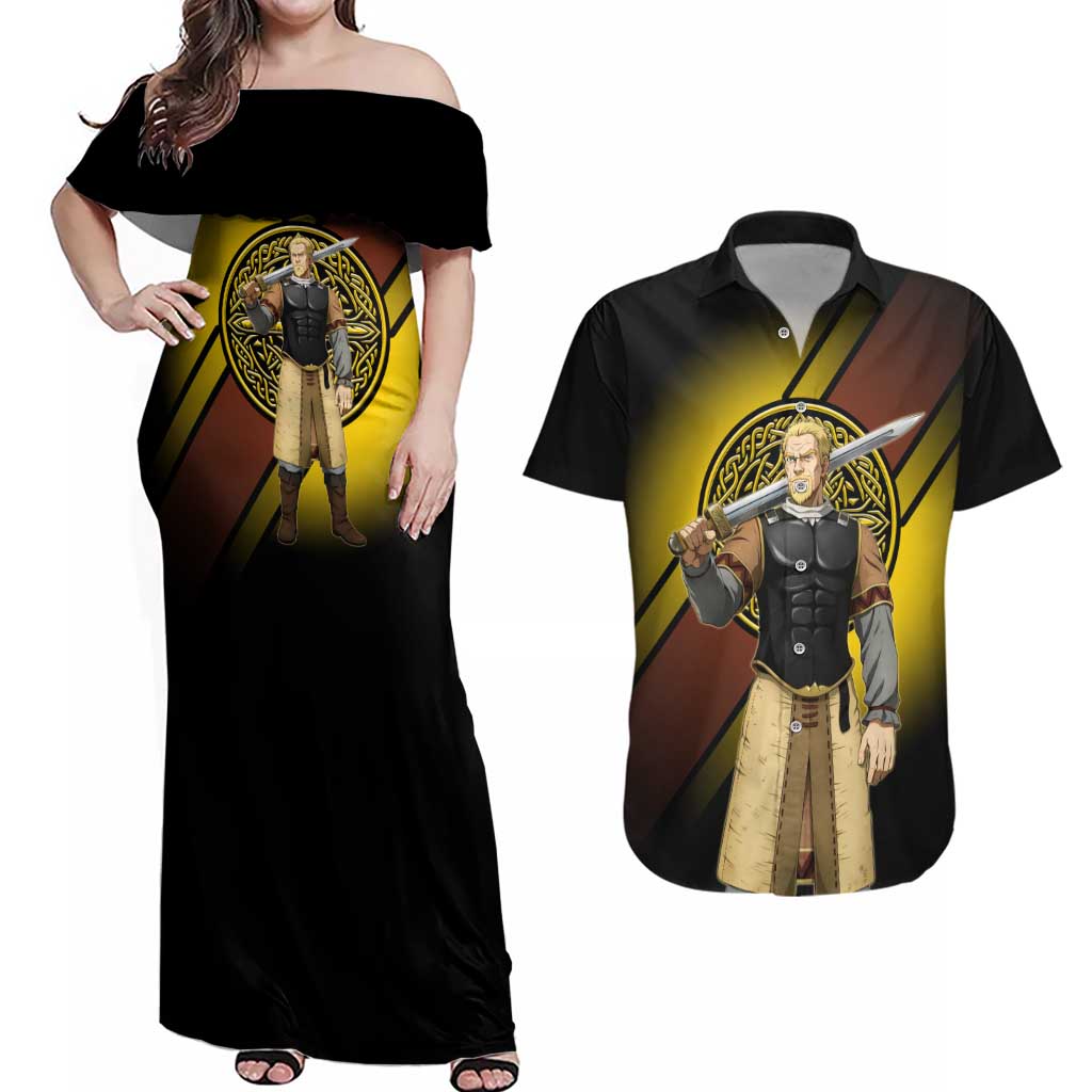 Askeladd Viking Commander Couples Matching Off Shoulder Maxi Dress and Hawaiian Shirt Viking Manga Illustration Style