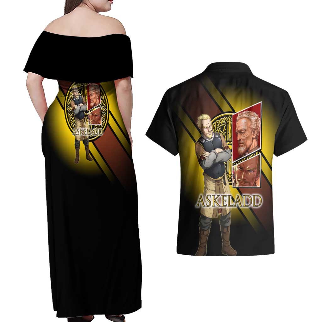 Askeladd Viking Commander Couples Matching Off Shoulder Maxi Dress and Hawaiian Shirt Viking Manga Illustration Style