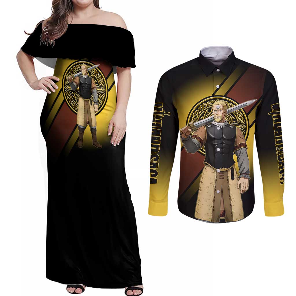 Askeladd Viking Commander Couples Matching Off Shoulder Maxi Dress and Long Sleeve Button Shirt Viking Manga Illustration Style