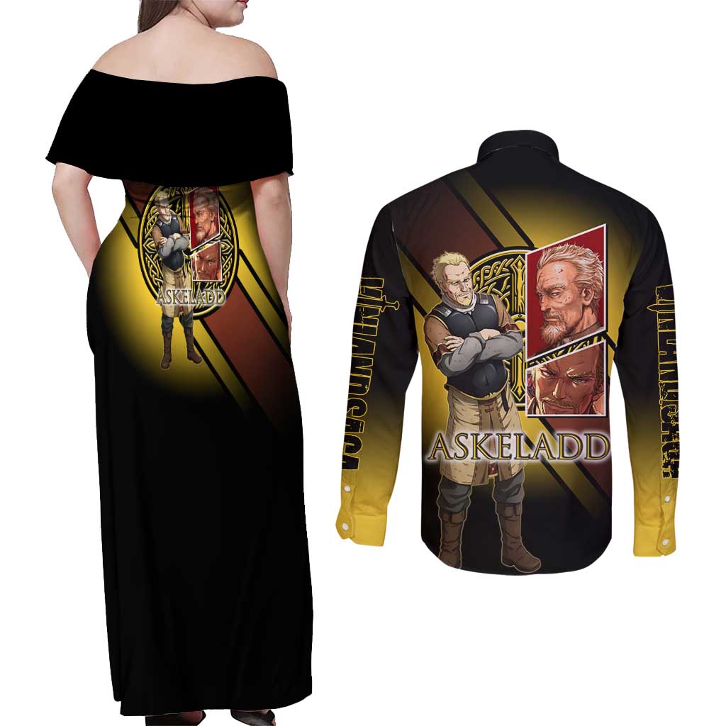 Askeladd Viking Commander Couples Matching Off Shoulder Maxi Dress and Long Sleeve Button Shirt Viking Manga Illustration Style
