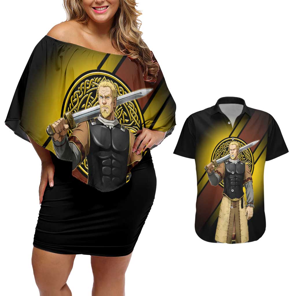 Askeladd Viking Commander Couples Matching Off Shoulder Short Dress and Hawaiian Shirt Viking Manga Illustration Style