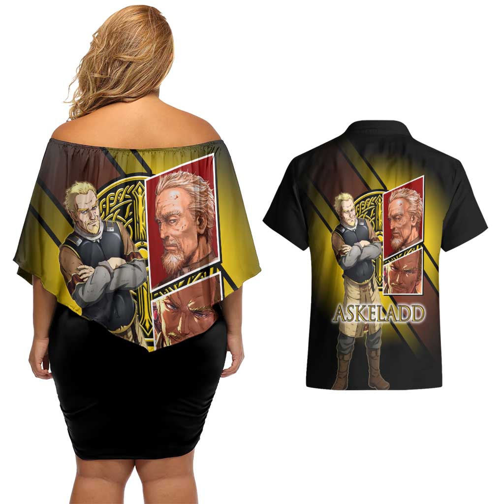 Askeladd Viking Commander Couples Matching Off Shoulder Short Dress and Hawaiian Shirt Viking Manga Illustration Style
