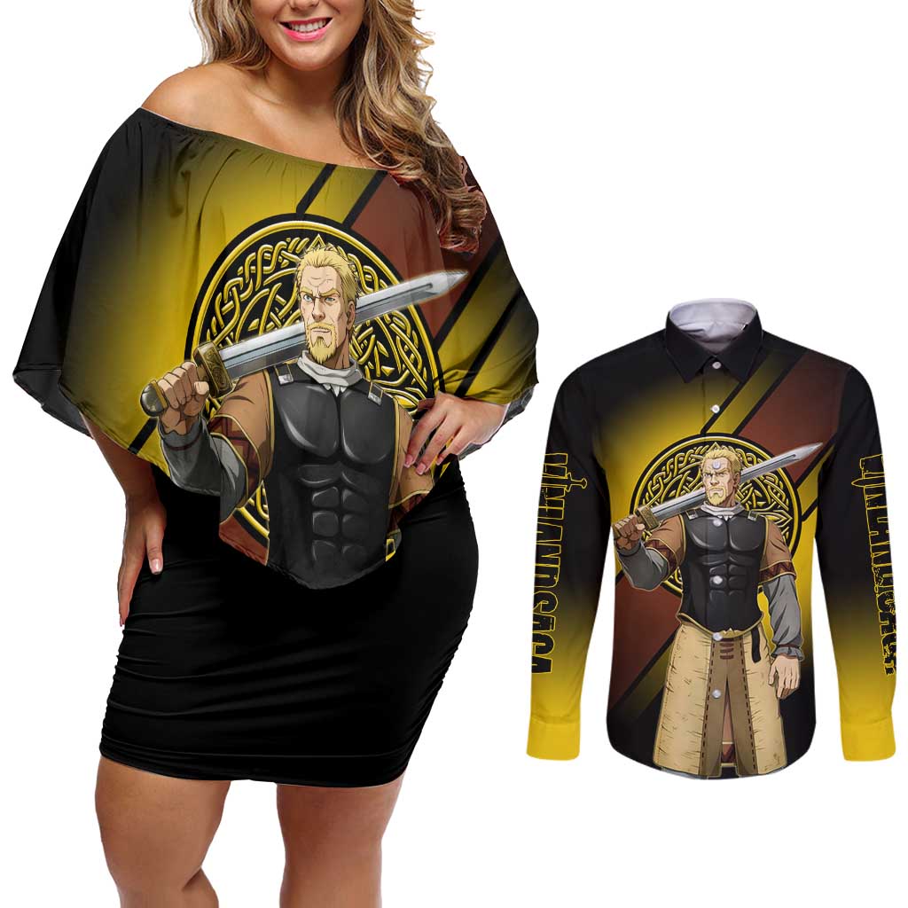 Askeladd Viking Commander Couples Matching Off Shoulder Short Dress and Long Sleeve Button Shirt Viking Manga Illustration Style