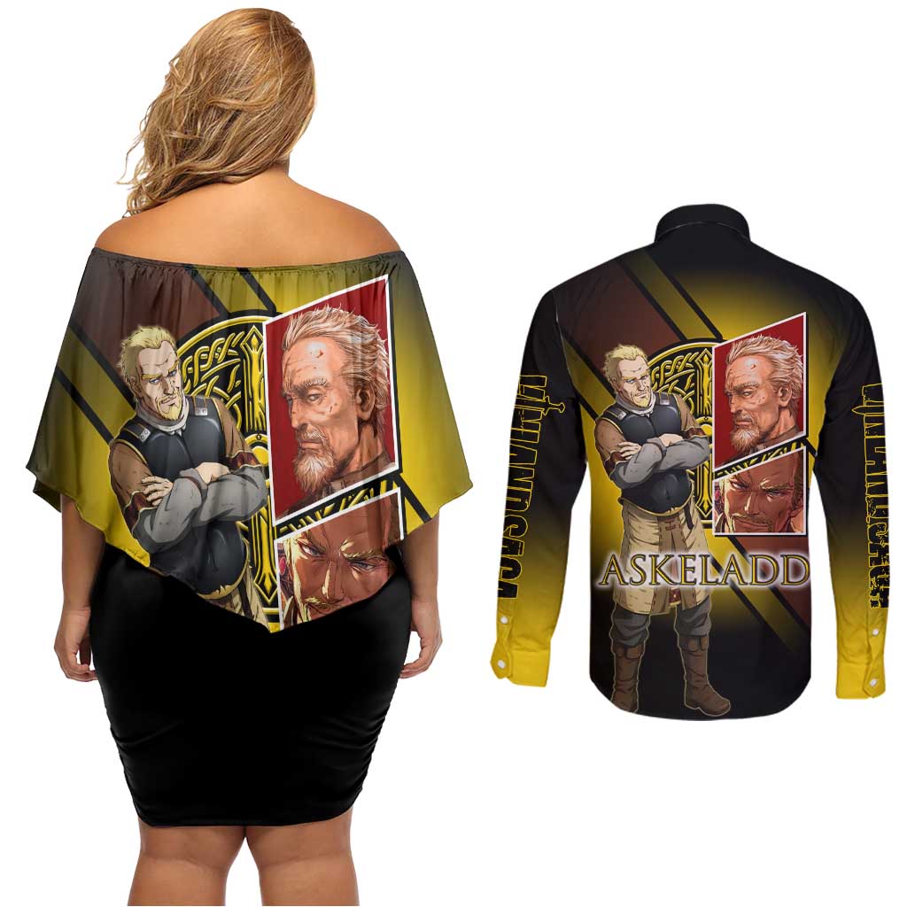 Askeladd Viking Commander Couples Matching Off Shoulder Short Dress and Long Sleeve Button Shirt Viking Manga Illustration Style