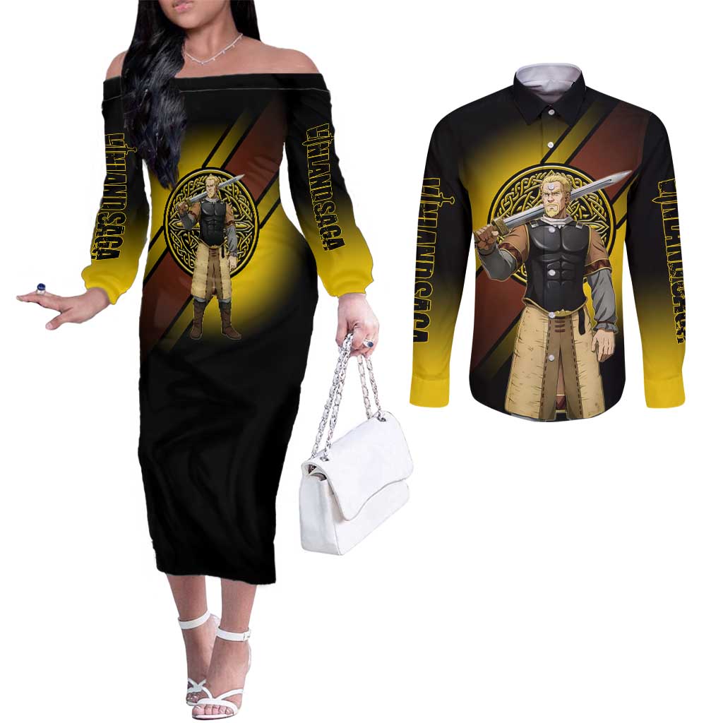 Askeladd Viking Commander Couples Matching Off The Shoulder Long Sleeve Dress and Long Sleeve Button Shirt Viking Manga Illustration Style