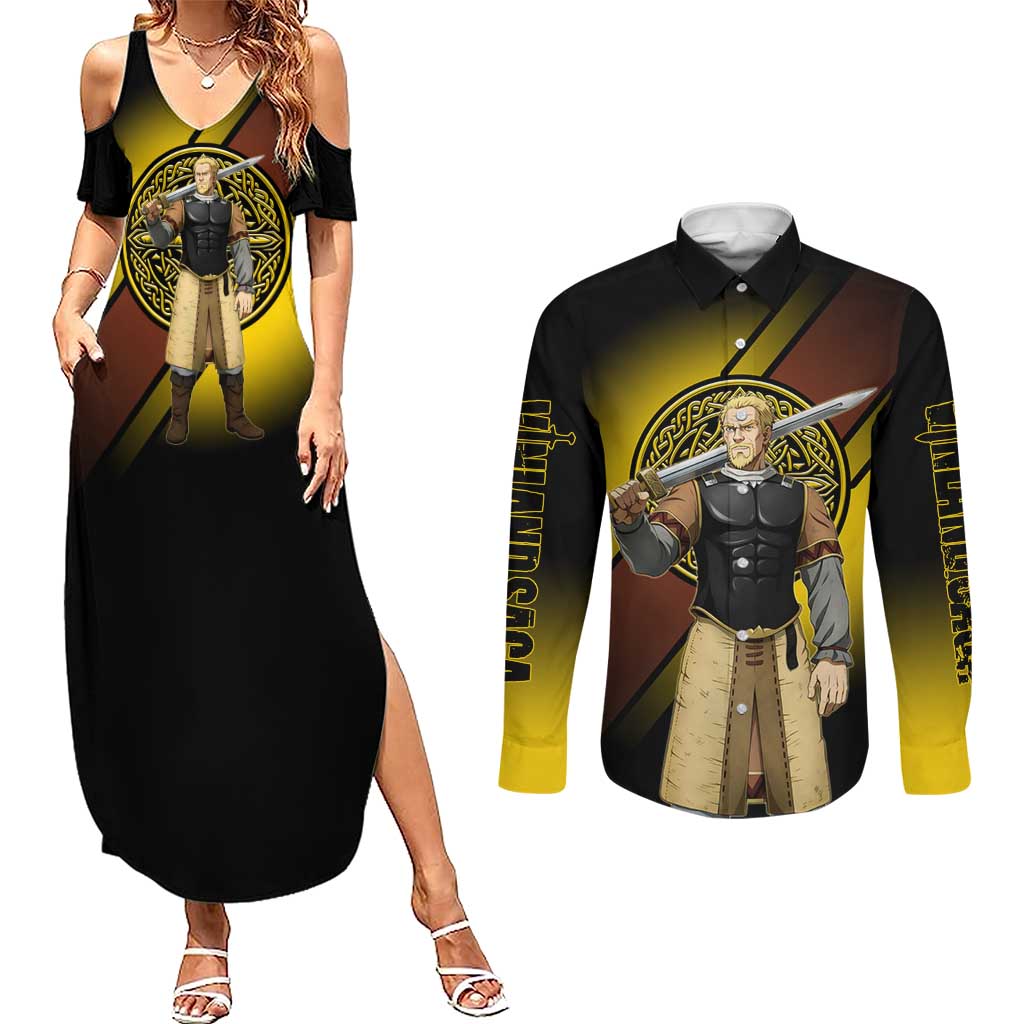 Askeladd Viking Commander Couples Matching Summer Maxi Dress and Long Sleeve Button Shirt Viking Manga Illustration Style