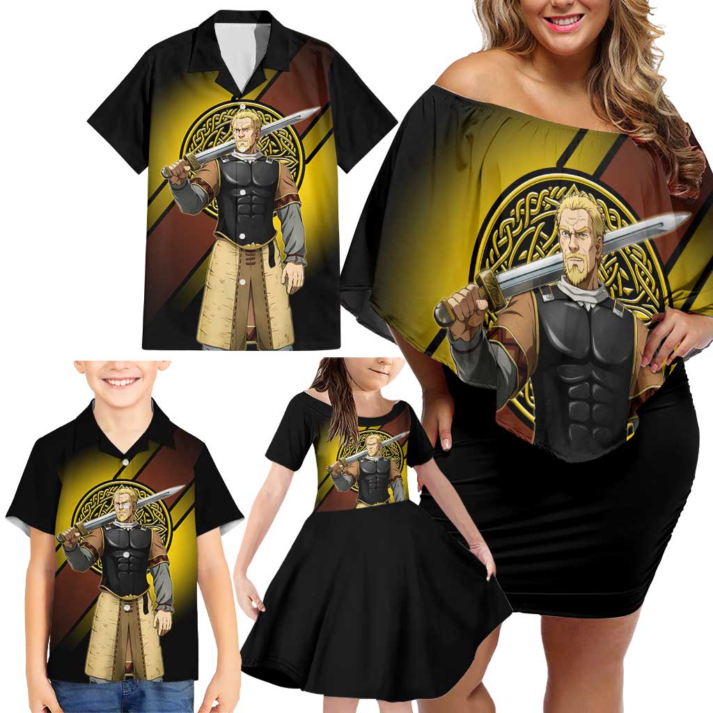 Askeladd Viking Commander Family Matching Off Shoulder Short Dress and Hawaiian Shirt Viking Manga Illustration Style