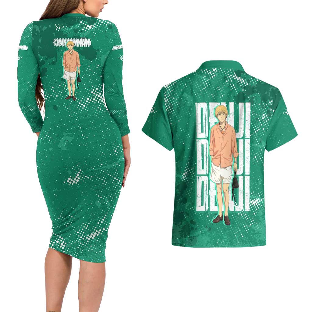 Denji Chainsaw Man Couples Matching Long Sleeve Bodycon Dress and Hawaiian Shirt Urban Grunge Halftone Style