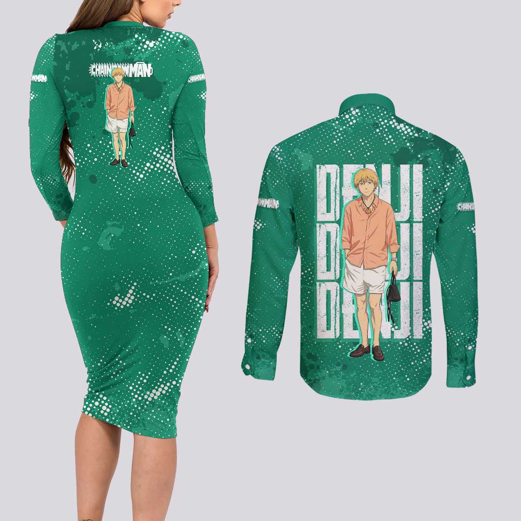 Denji Chainsaw Man Couples Matching Long Sleeve Bodycon Dress and Long Sleeve Button Shirt Urban Grunge Halftone Style