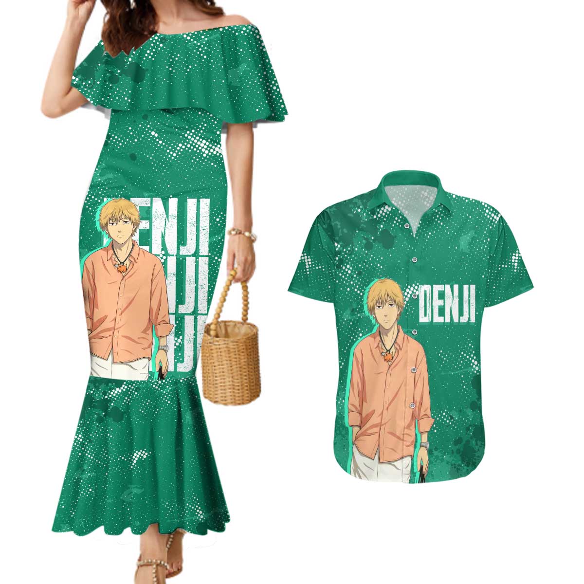 Denji Chainsaw Man Couples Matching Mermaid Dress and Hawaiian Shirt Urban Grunge Halftone Style