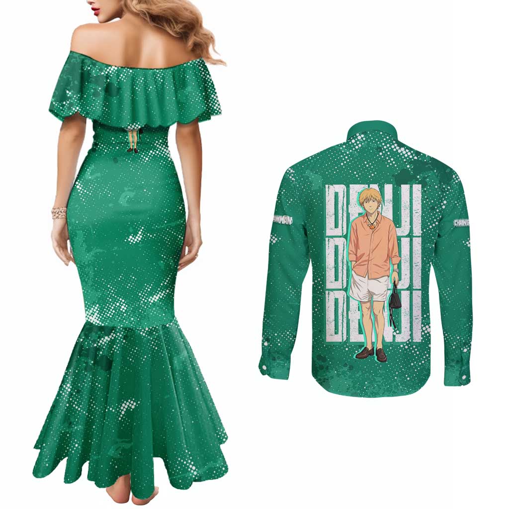 Denji Chainsaw Man Couples Matching Mermaid Dress and Long Sleeve Button Shirt Urban Grunge Halftone Style