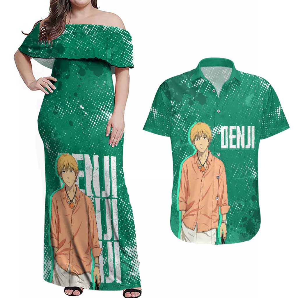 Denji Chainsaw Man Couples Matching Off Shoulder Maxi Dress and Hawaiian Shirt Urban Grunge Halftone Style