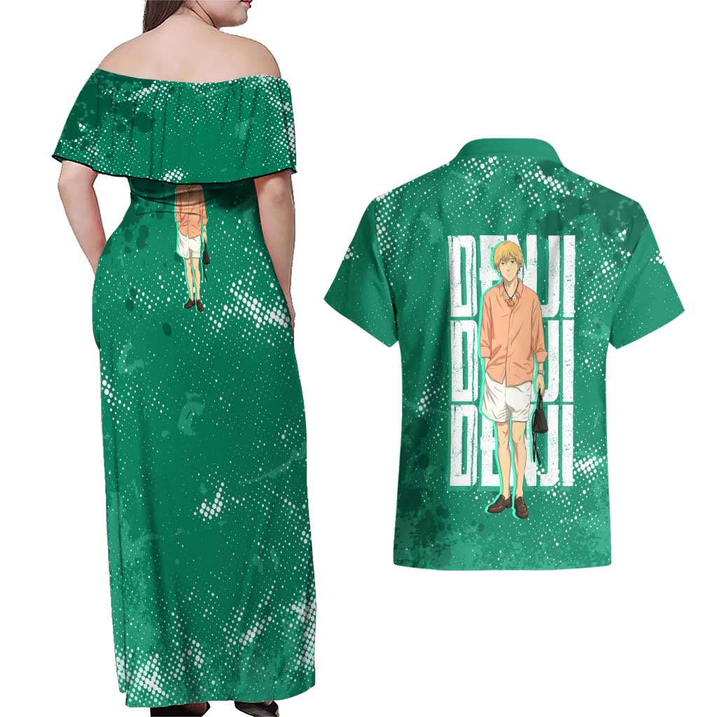 Denji Chainsaw Man Couples Matching Off Shoulder Maxi Dress and Hawaiian Shirt Urban Grunge Halftone Style
