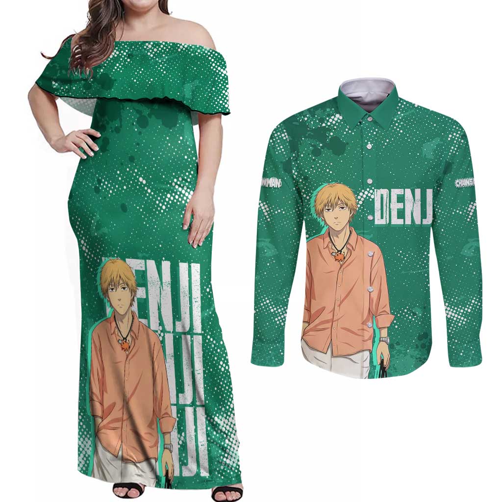 Denji Chainsaw Man Couples Matching Off Shoulder Maxi Dress and Long Sleeve Button Shirt Urban Grunge Halftone Style