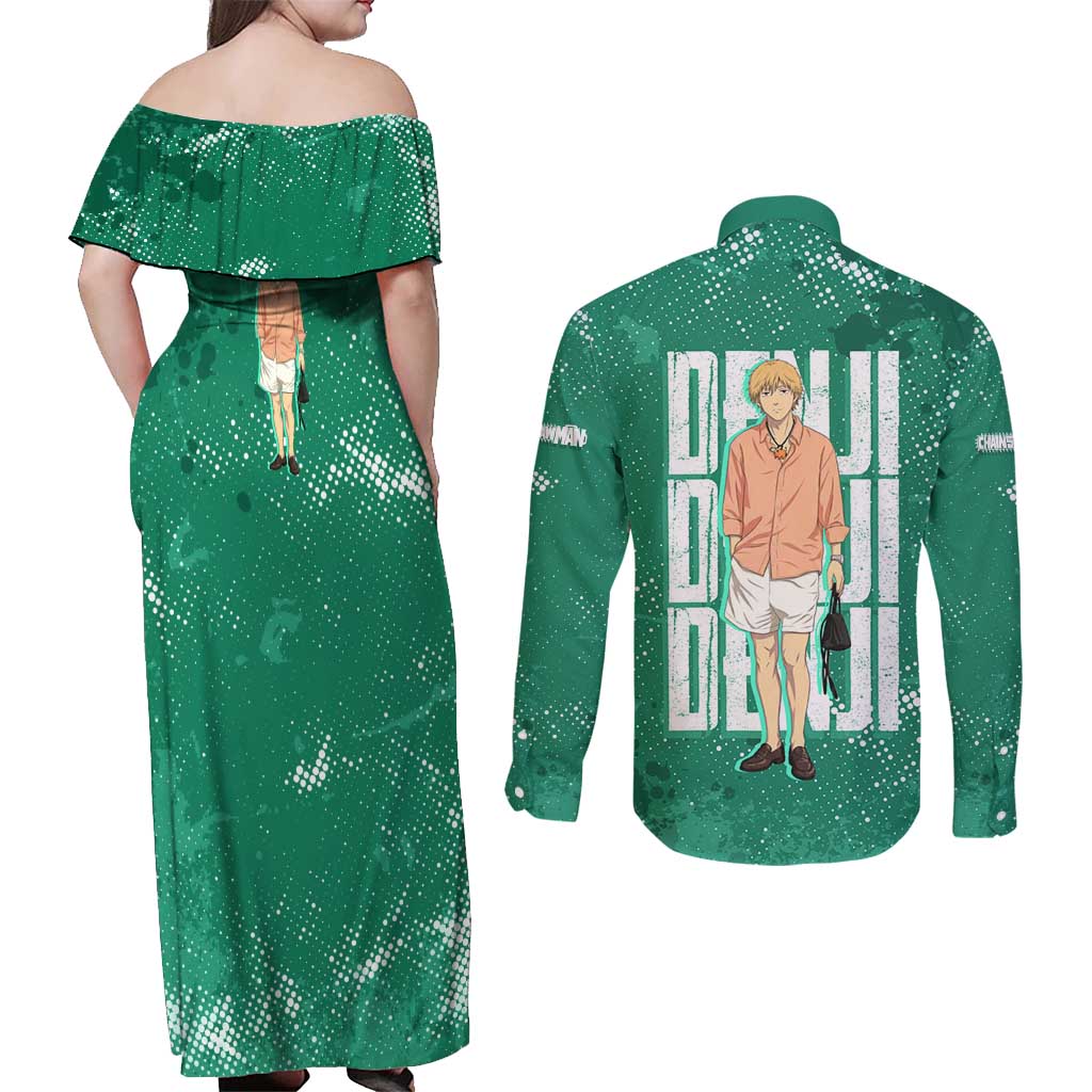 Denji Chainsaw Man Couples Matching Off Shoulder Maxi Dress and Long Sleeve Button Shirt Urban Grunge Halftone Style