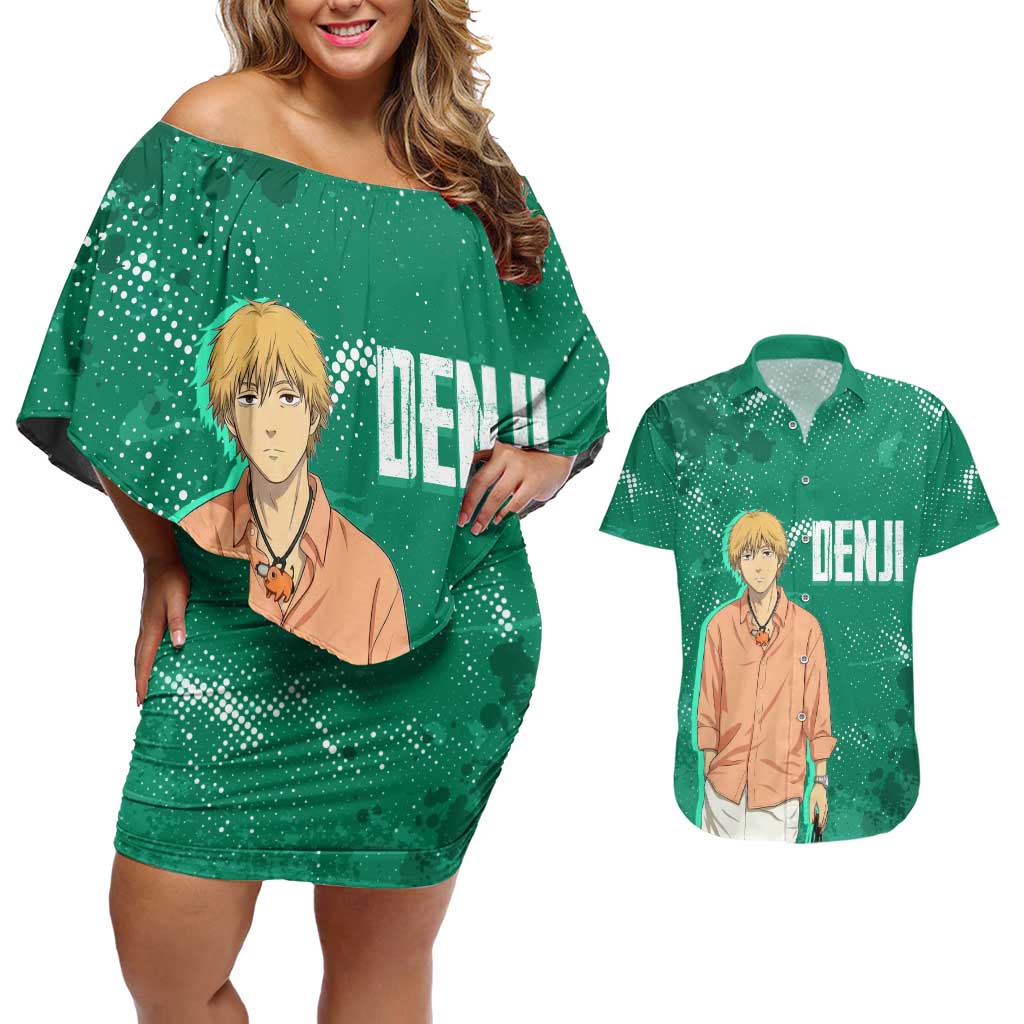 Denji Chainsaw Man Couples Matching Off Shoulder Short Dress and Hawaiian Shirt Urban Grunge Halftone Style