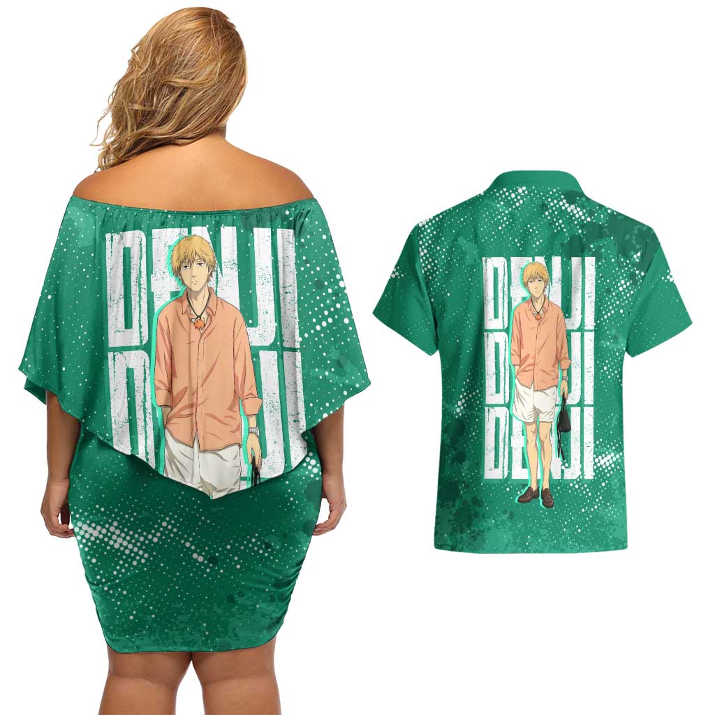 Denji Chainsaw Man Couples Matching Off Shoulder Short Dress and Hawaiian Shirt Urban Grunge Halftone Style