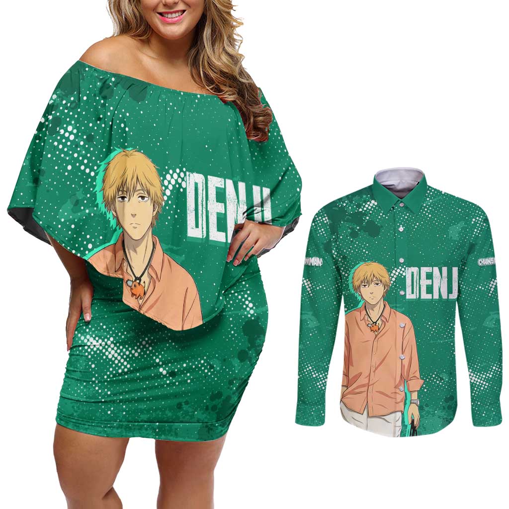 Denji Chainsaw Man Couples Matching Off Shoulder Short Dress and Long Sleeve Button Shirt Urban Grunge Halftone Style