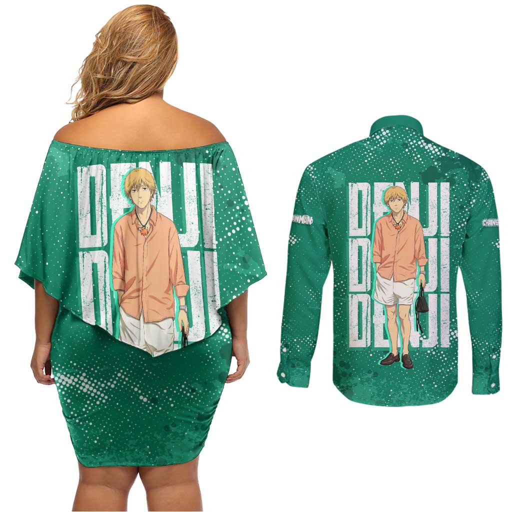 Denji Chainsaw Man Couples Matching Off Shoulder Short Dress and Long Sleeve Button Shirt Urban Grunge Halftone Style