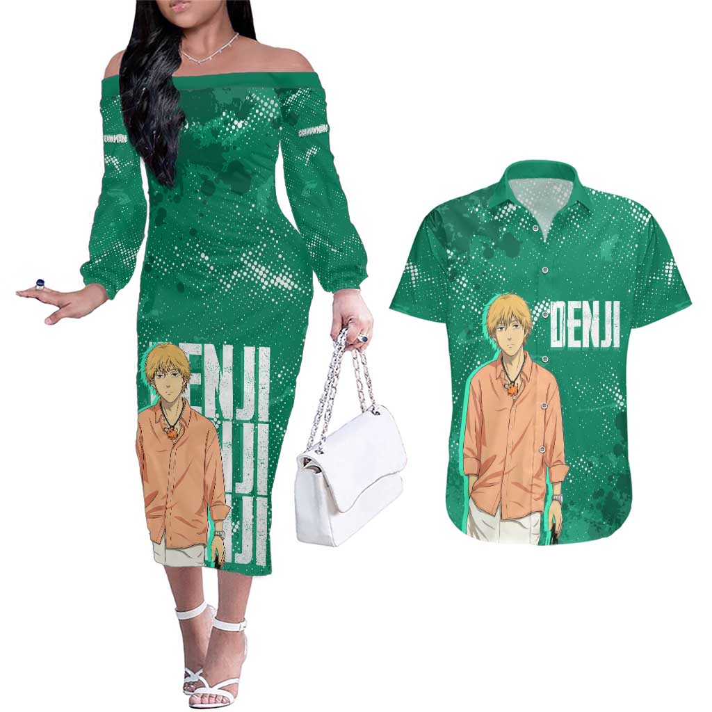 Denji Chainsaw Man Couples Matching Off The Shoulder Long Sleeve Dress and Hawaiian Shirt Urban Grunge Halftone Style