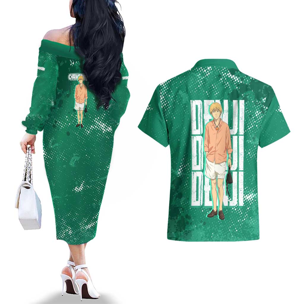 Denji Chainsaw Man Couples Matching Off The Shoulder Long Sleeve Dress and Hawaiian Shirt Urban Grunge Halftone Style