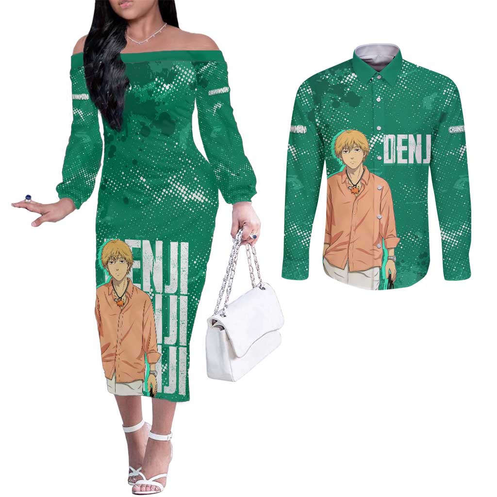 Denji Chainsaw Man Couples Matching Off The Shoulder Long Sleeve Dress and Long Sleeve Button Shirt Urban Grunge Halftone Style