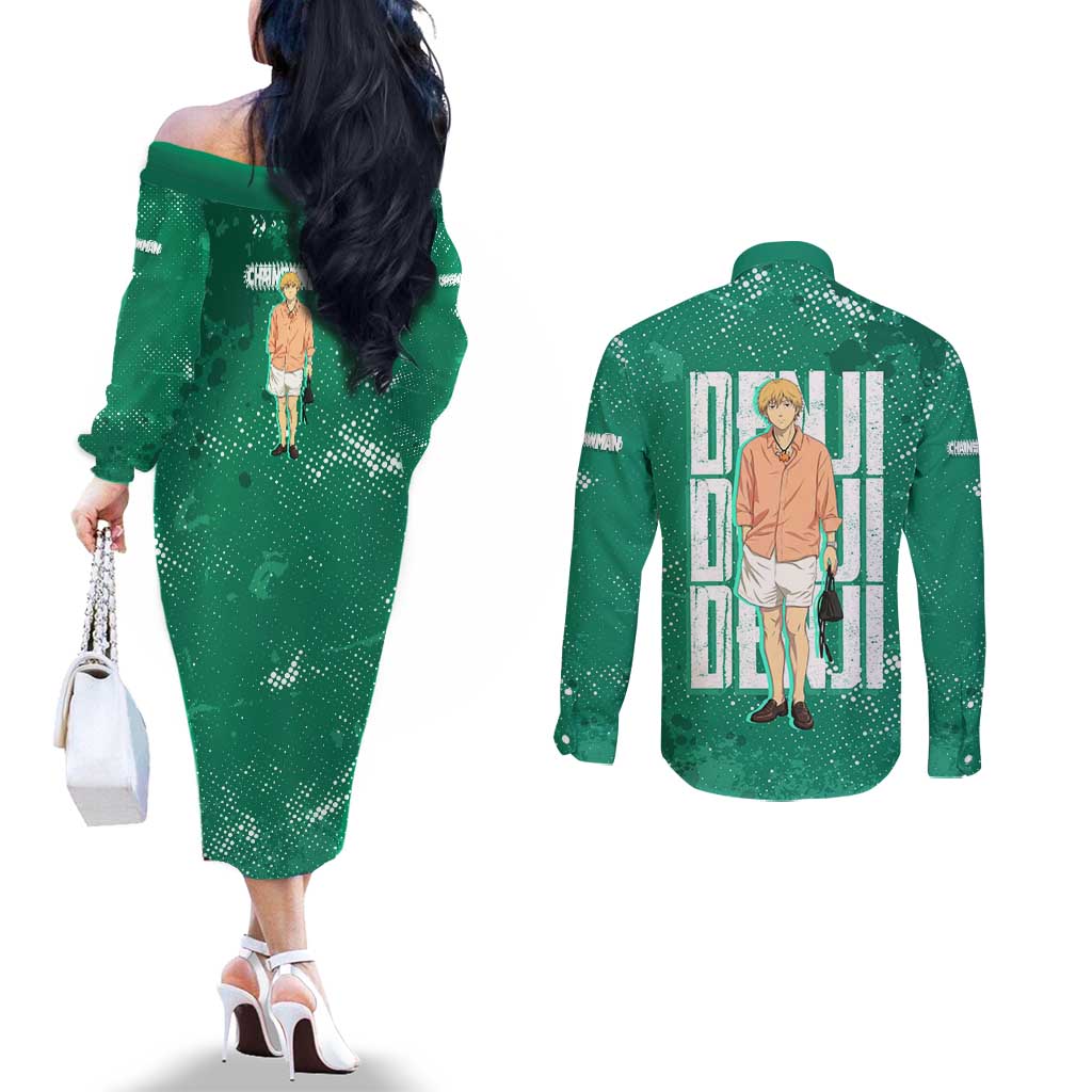 Denji Chainsaw Man Couples Matching Off The Shoulder Long Sleeve Dress and Long Sleeve Button Shirt Urban Grunge Halftone Style