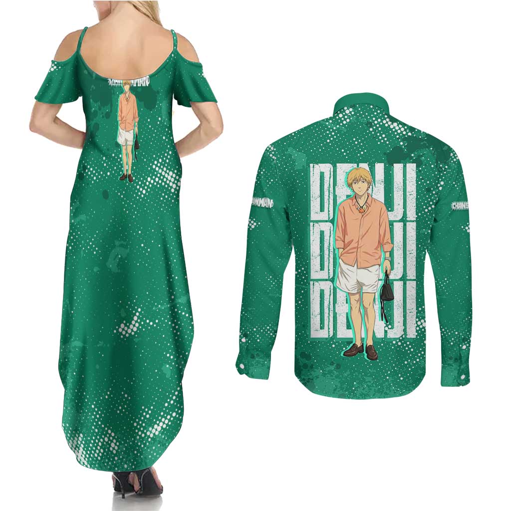 Denji Chainsaw Man Couples Matching Summer Maxi Dress and Long Sleeve Button Shirt Urban Grunge Halftone Style