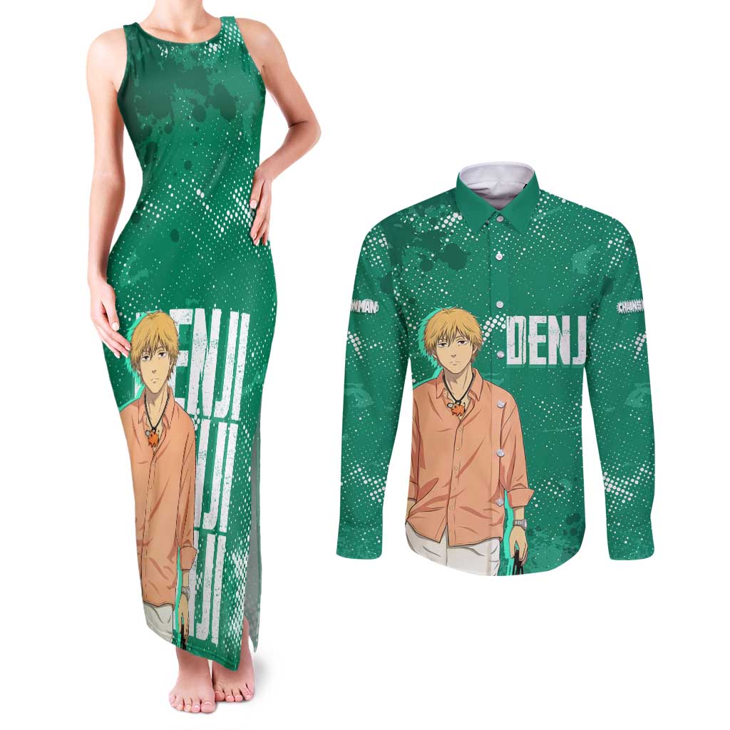 Denji Chainsaw Man Couples Matching Tank Maxi Dress and Long Sleeve Button Shirt Urban Grunge Halftone Style