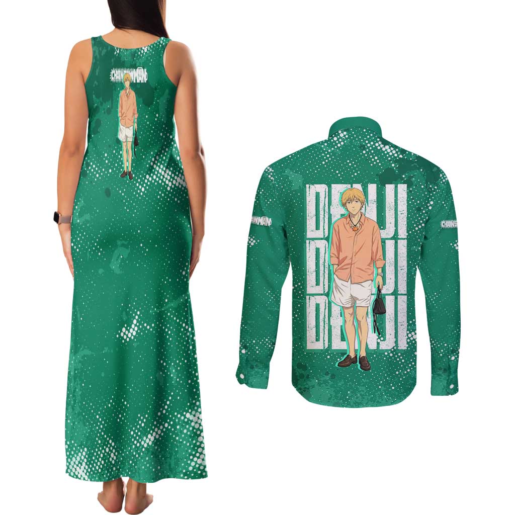 Denji Chainsaw Man Couples Matching Tank Maxi Dress and Long Sleeve Button Shirt Urban Grunge Halftone Style