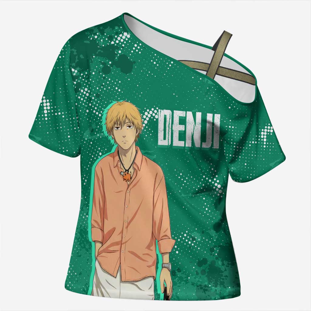 Denji Chainsaw Man Cross Shoulder Shirt Urban Grunge Halftone Style