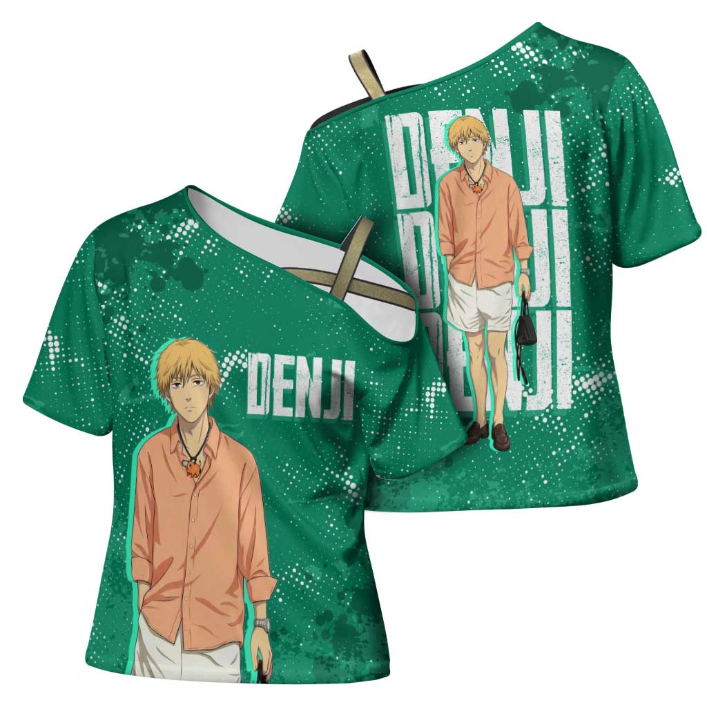 Denji Chainsaw Man Cross Shoulder Shirt Urban Grunge Halftone Style